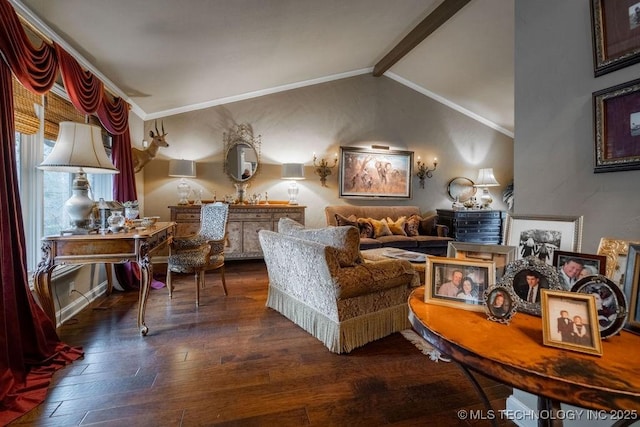 living area featuring crown molding, vaulted ceiling with beams, and wood finished floors