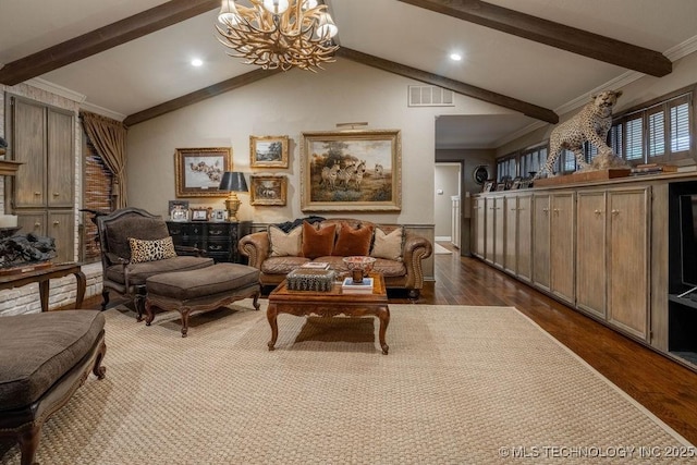 living area featuring an inviting chandelier, lofted ceiling with beams, recessed lighting, visible vents, and dark wood finished floors