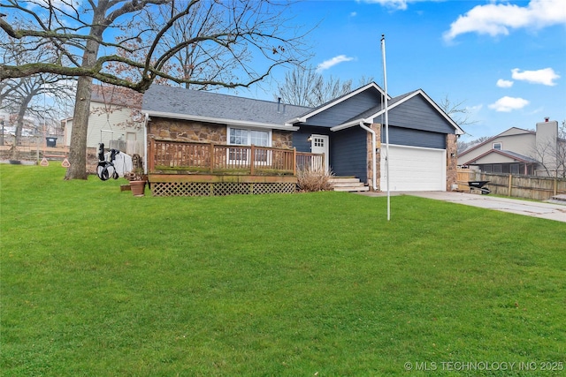 ranch-style home with a garage, a wooden deck, and a front yard