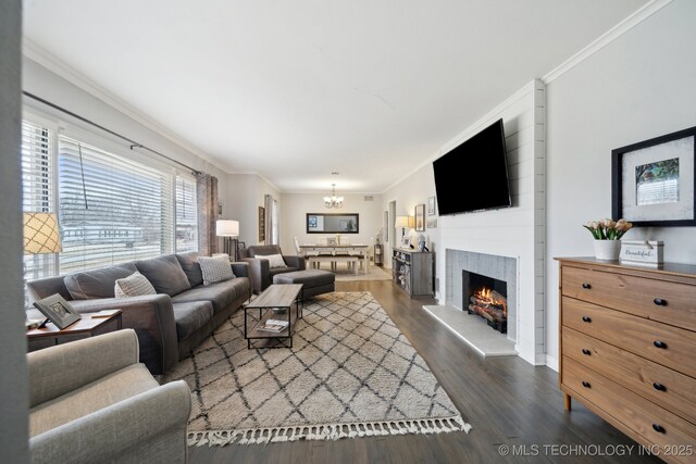 living room with crown molding, dark wood-type flooring, and an inviting chandelier