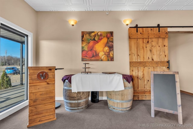 interior space with a barn door and carpet flooring