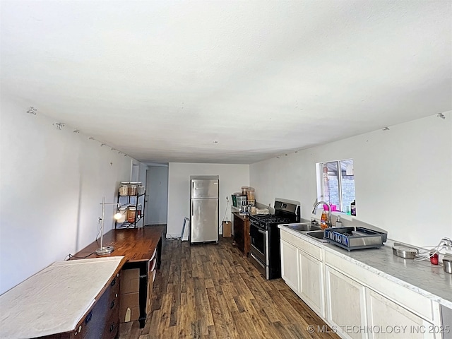 kitchen with appliances with stainless steel finishes, sink, and dark hardwood / wood-style floors