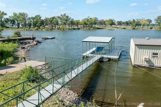 dock area with a water view