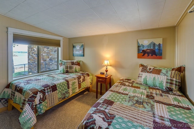 carpeted bedroom with lofted ceiling