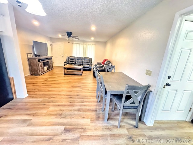 dining room featuring ceiling fan, light hardwood / wood-style floors, and a textured ceiling