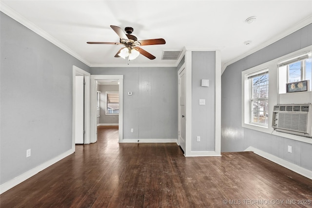 spare room with crown molding, ceiling fan, dark hardwood / wood-style floors, and cooling unit