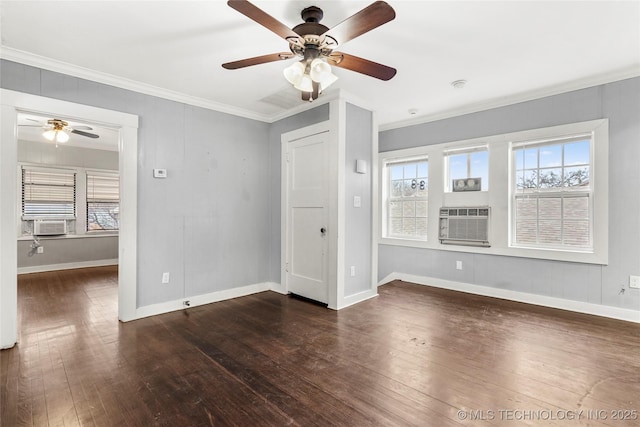 unfurnished living room featuring cooling unit, ornamental molding, dark hardwood / wood-style floors, and ceiling fan