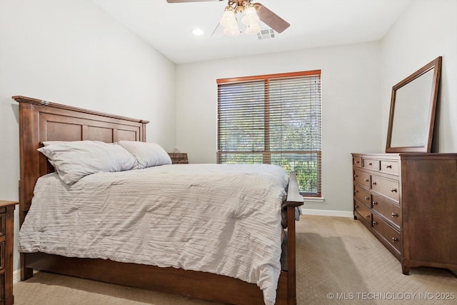 bedroom featuring visible vents, baseboards, light carpet, recessed lighting, and a ceiling fan
