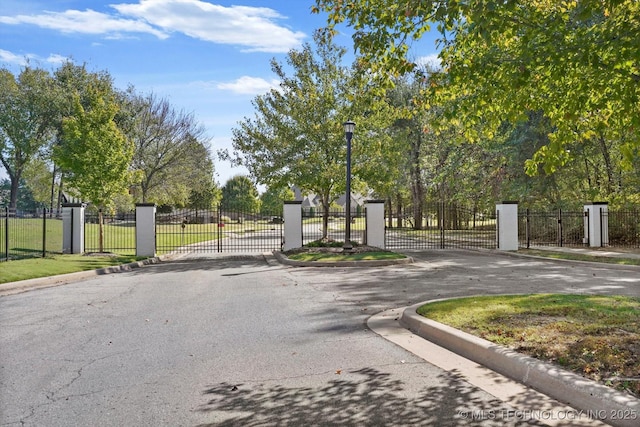 view of street featuring a gate, curbs, street lighting, and a gated entry