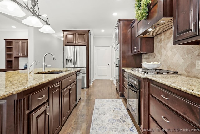 8117 E Freeport St, Broken Arrow, OK 74014 - kitchen featuring a sink, premium range hood, appliances with stainless steel finishes, open shelves, and crown molding