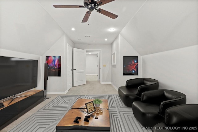 8117 E Freeport St, Broken Arrow, OK 74014 - living area with light carpet, lofted ceiling, baseboards, ceiling fan, and recessed lighting