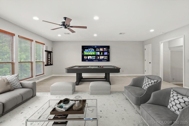 8117 E Freeport St, Broken Arrow, OK 74014 - living room featuring recessed lighting, carpet, baseboards, and a ceiling fan