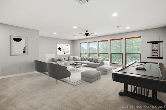 8117 E Freeport St, Broken Arrow, OK 74014 - carpeted living room with recessed lighting, ceiling fan, baseboards, and billiards table