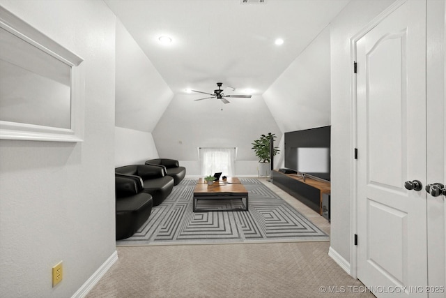 8117 E Freeport St, Broken Arrow, OK 74014 - carpeted living area with a ceiling fan, vaulted ceiling, baseboards, and recessed lighting