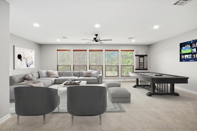 8117 E Freeport St, Broken Arrow, OK 74014 - carpeted living room with recessed lighting, plenty of natural light, baseboards, and a ceiling fan