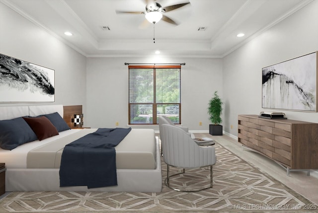 8117 E Freeport St, Broken Arrow, OK 74014 - bedroom with a tray ceiling, crown molding, recessed lighting, and a ceiling fan