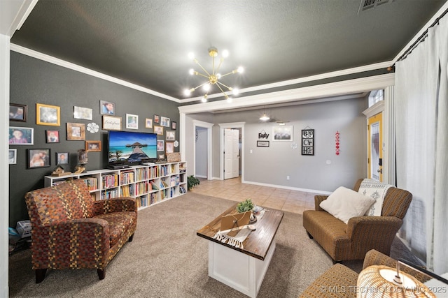 living room featuring light colored carpet, ornamental molding, a chandelier, and a textured ceiling