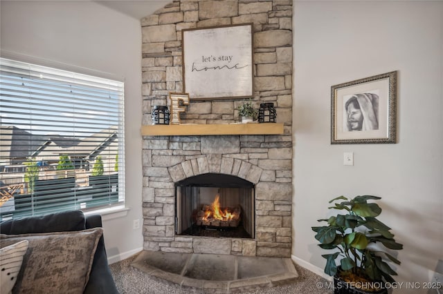 room details with a stone fireplace