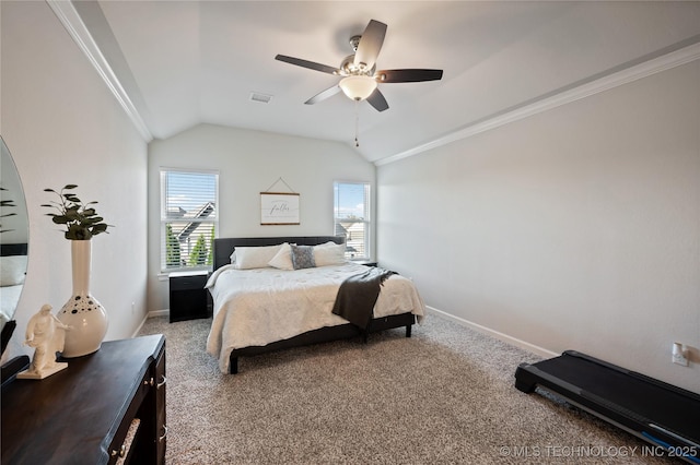 bedroom featuring ceiling fan, lofted ceiling, carpet, and ornamental molding