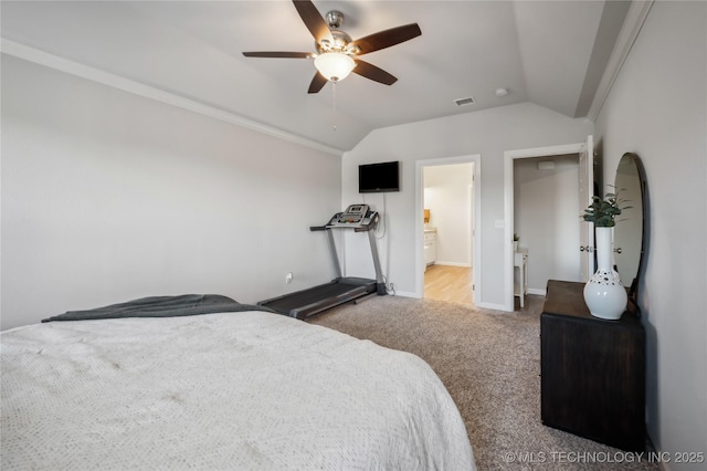 bedroom featuring lofted ceiling, light carpet, and ceiling fan