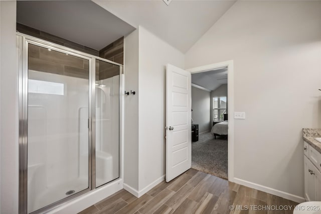 bathroom featuring lofted ceiling, a shower with door, and vanity