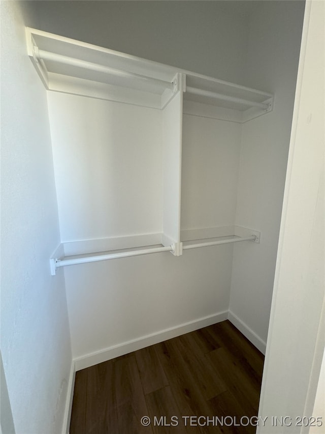 walk in closet with dark hardwood / wood-style flooring