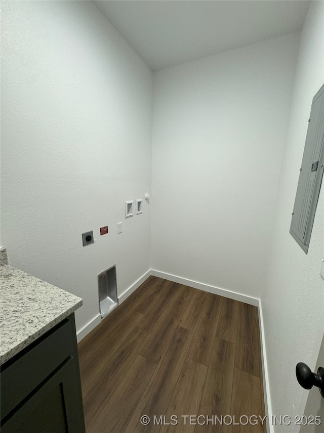 laundry room with electric panel, washer hookup, dark hardwood / wood-style floors, and hookup for an electric dryer