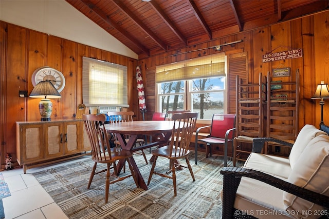 tiled dining area featuring high vaulted ceiling, wooden walls, wooden ceiling, and beamed ceiling