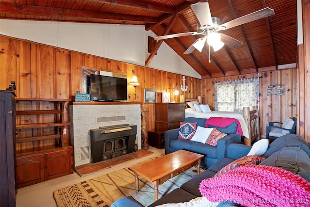 living room featuring ceiling fan, wooden walls, lofted ceiling with beams, and wooden ceiling