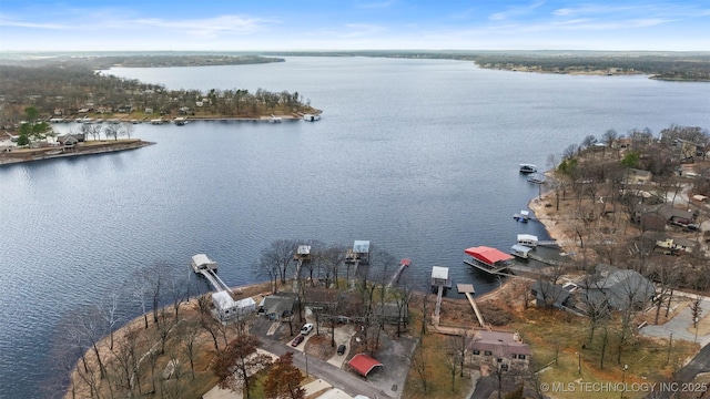 drone / aerial view with a water view