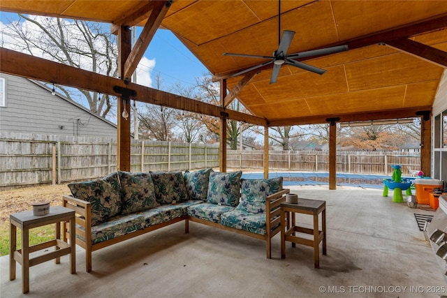 view of patio featuring ceiling fan and an outdoor hangout area