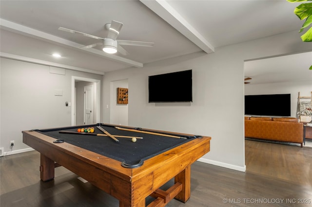 rec room with ceiling fan, dark hardwood / wood-style floors, pool table, and beam ceiling