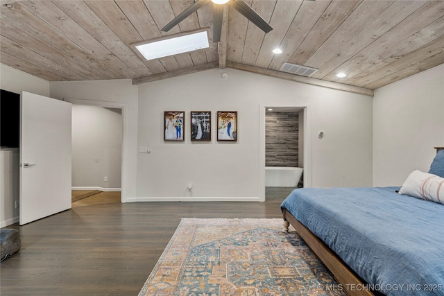 bedroom with dark hardwood / wood-style flooring, lofted ceiling with skylight, and wood ceiling