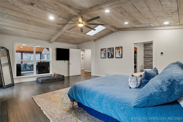 bedroom featuring wood ceiling, dark hardwood / wood-style floors, vaulted ceiling with skylight, and ceiling fan