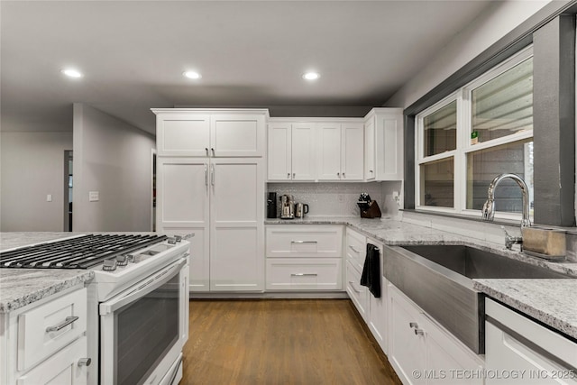 kitchen with white cabinetry, sink, light stone counters, and stainless steel gas stove