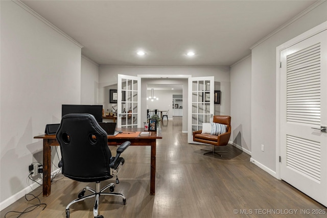 office area featuring crown molding, hardwood / wood-style flooring, and french doors