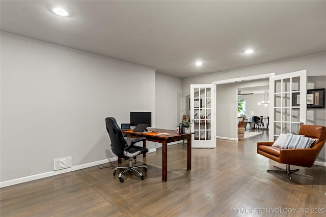 office with french doors, dark hardwood / wood-style flooring, and crown molding