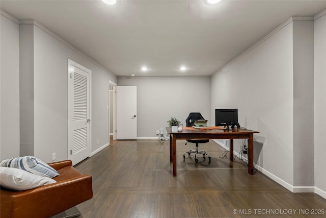 office with ornamental molding and dark hardwood / wood-style floors