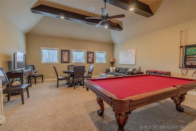 recreation room featuring beamed ceiling, ceiling fan, billiards, and light carpet