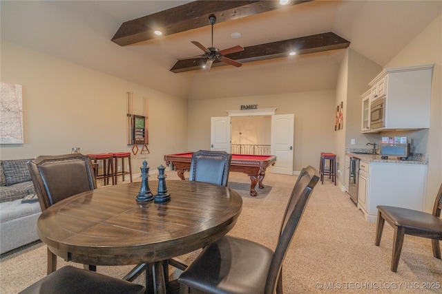 carpeted dining space featuring wine cooler, billiards, ceiling fan, and lofted ceiling with beams