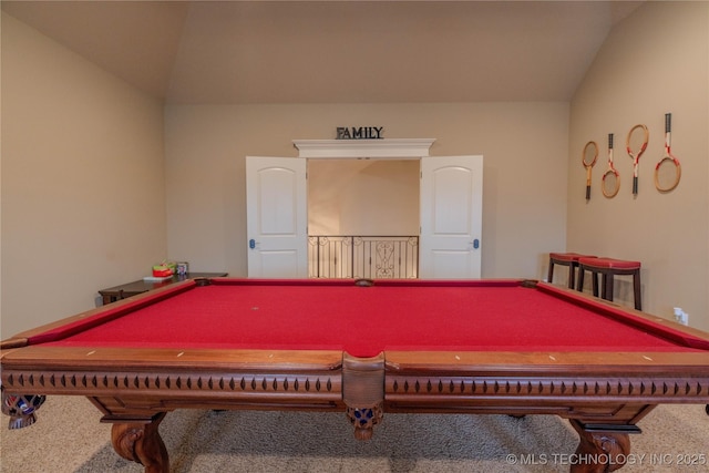 recreation room featuring pool table and carpet flooring