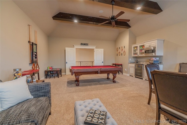 game room featuring wine cooler, pool table, lofted ceiling, and carpet floors