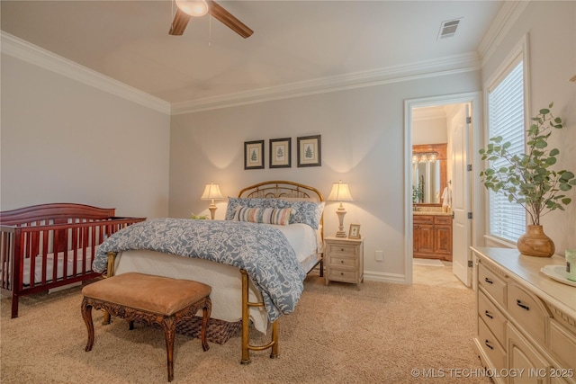 bedroom featuring light carpet, crown molding, and ceiling fan