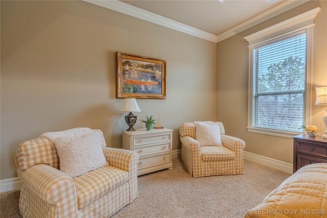 bedroom with crown molding and light colored carpet