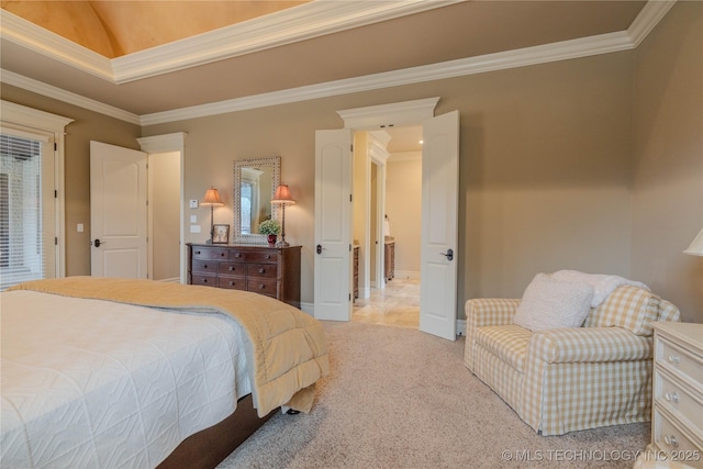 carpeted bedroom featuring ornamental molding and a raised ceiling