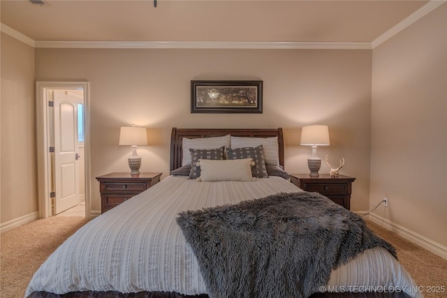 bedroom with carpet floors and ornamental molding