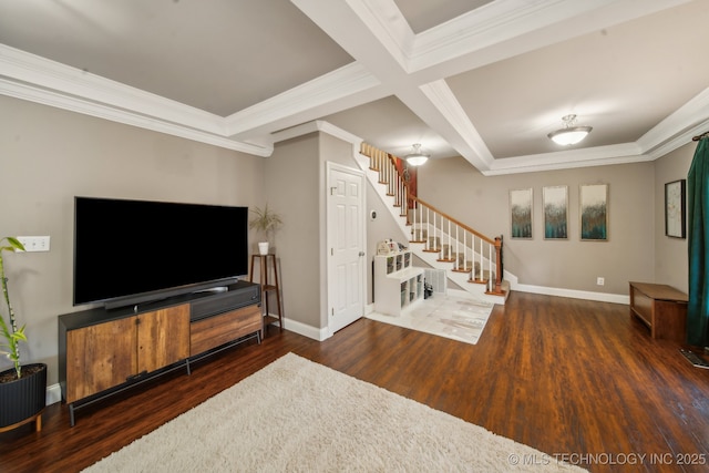 living room with dark wood-type flooring, crown molding, and beamed ceiling