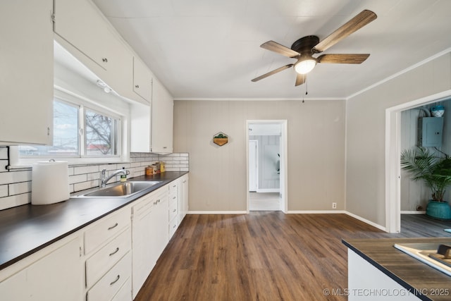 kitchen featuring sink, crown molding, white cabinetry, electric panel, and dark hardwood / wood-style flooring