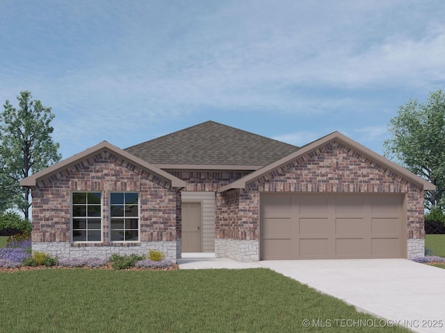 ranch-style home with a garage and a front lawn