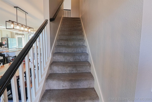 stairs featuring carpet flooring